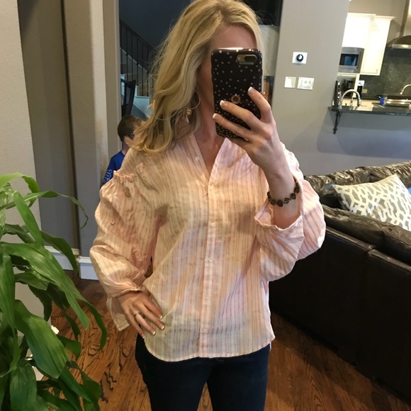 Striped Balloon Sleeve Button Up Collared Tunic - Picture 5 of 6